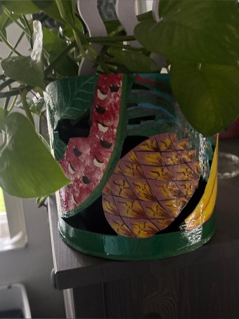 Vintage Hosley Sculptures Hand Painted Metal Planter Fruit Luminary 1993